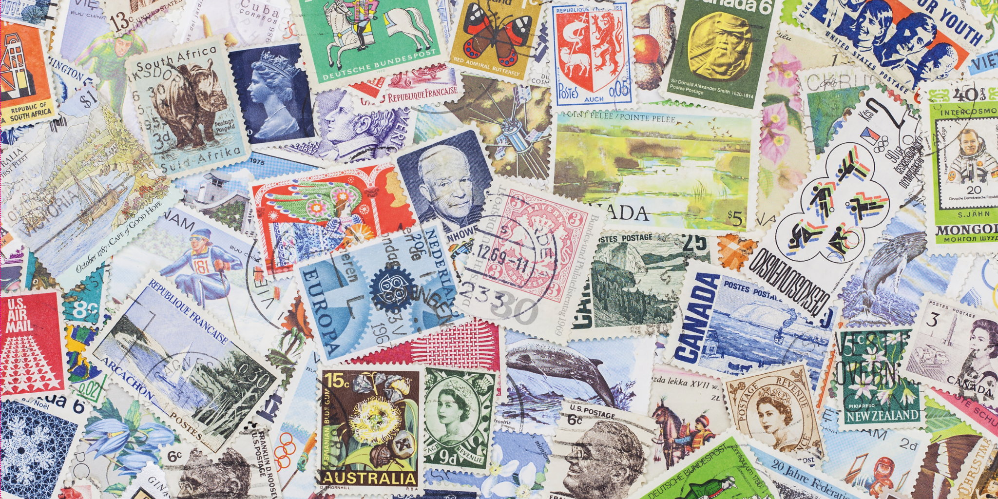 Bannergrafik aus dem Innenkarton vom Motiv "Staedte" mit einer Collage aus Briefmarken